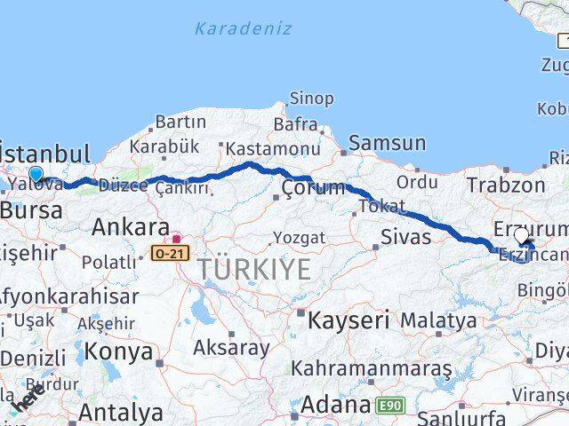 Kocaeli Çayırlı Erzincan Arası Kaç Km - Yol Haritası