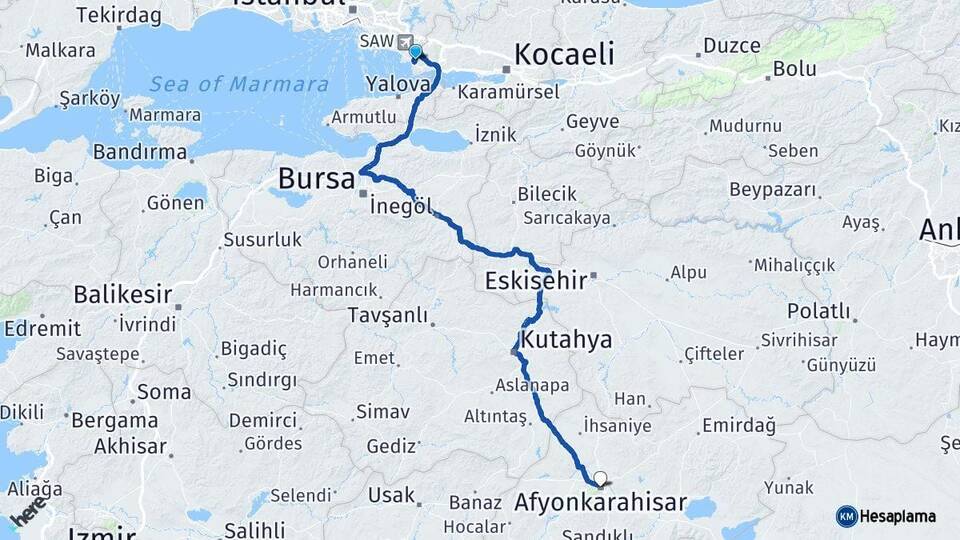 Kocaeli Çayırova Afyonkarahisar Arası Kaç Km - Yol Haritası