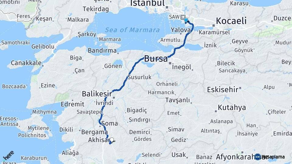 Kocaeli Çayırova Akhisar Manisa Arası Kaç Km - Yol Haritası