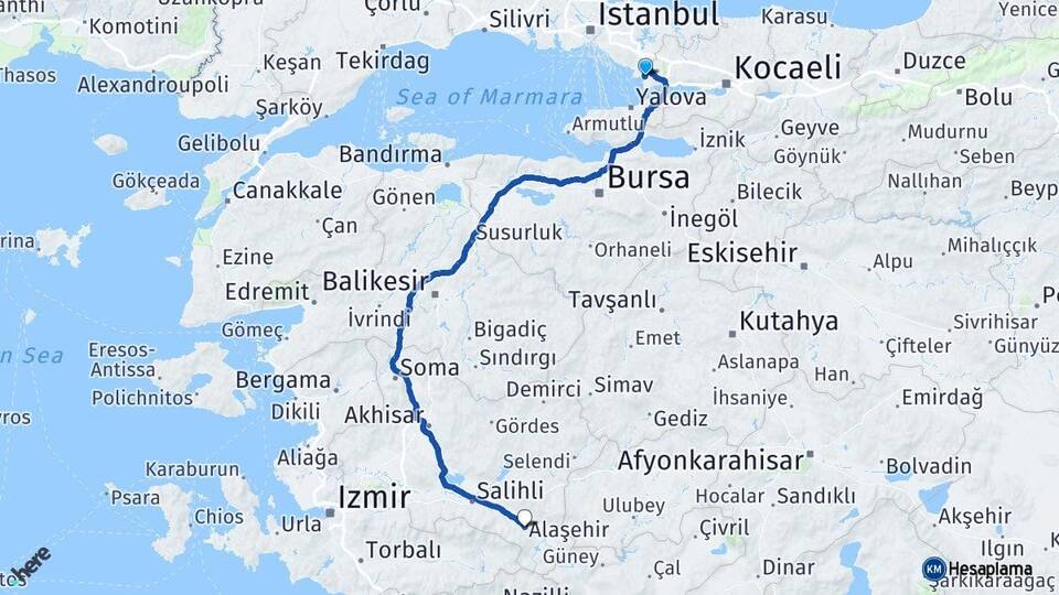 Kocaeli Çayırova Alaşehir Manisa Arası Kaç Km - Yol Haritası