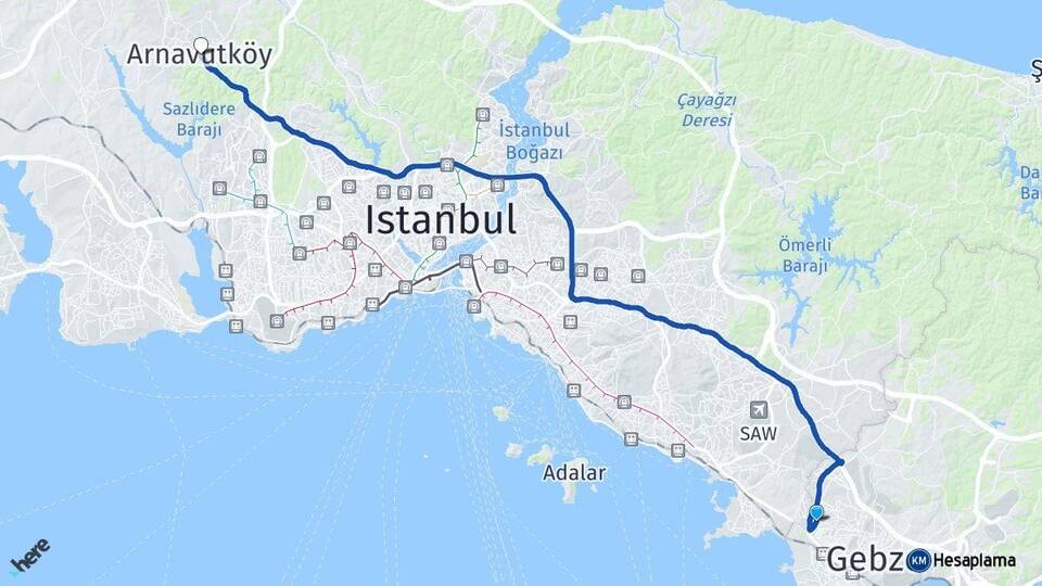 Kocaeli Çayırova Arnavutköy İstanbul Arası Kaç Km - Yol Haritası