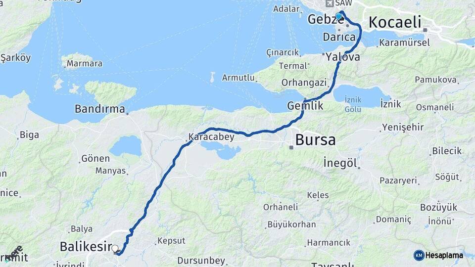 Kocaeli Çayırova Balıkesir Arası Kaç Km - Yol Haritası