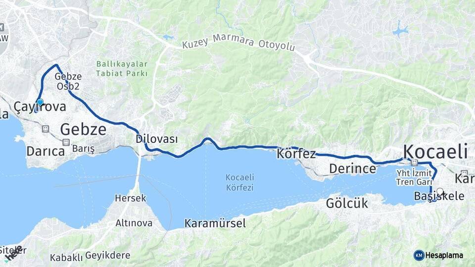 Kocaeli Çayırova Başiskele Arası Kaç Km - Yol Haritası