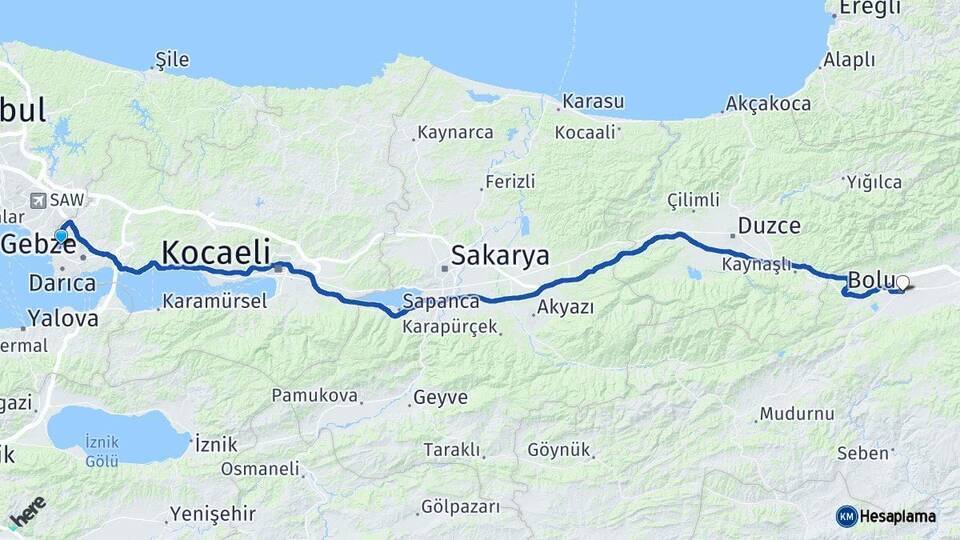 Kocaeli Çayırova Bolu Arası Kaç Km - Yol Haritası