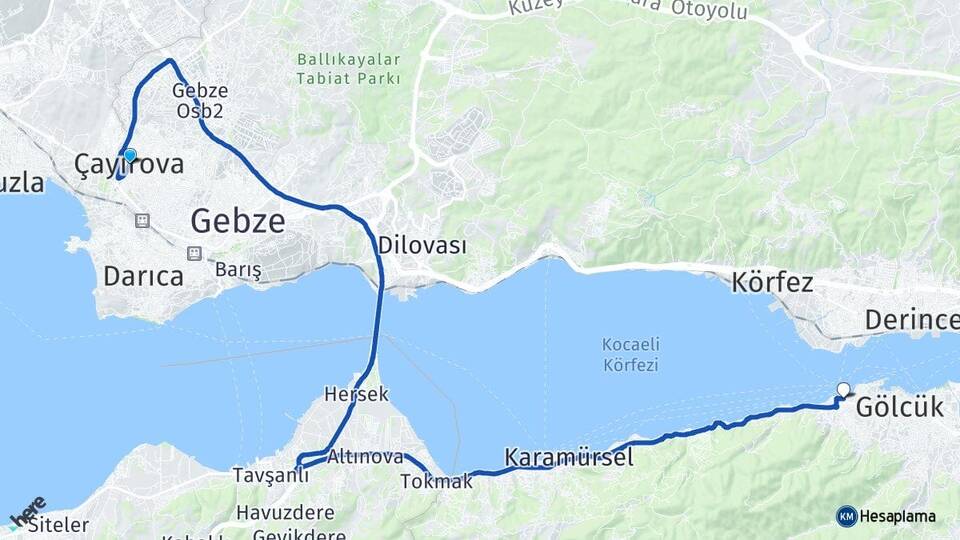 Kocaeli Çayırova Değirmendere Gölcük Arası Kaç Km - Yol Haritası
