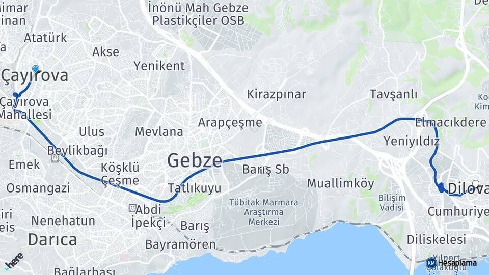 Kocaeli Çayırova Dilovası Arası Kaç Km - Yol Haritası