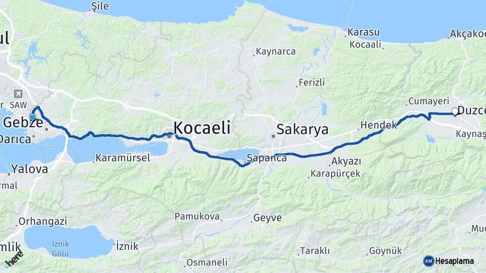 Kocaeli Çayırova Düzce Arası Kaç Km - Yol Haritası