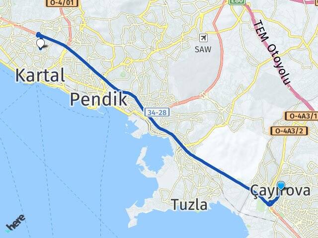 Kocaeli Çayırova Esentepe Kartal İstanbul Arası Kaç Km - Yol Haritası