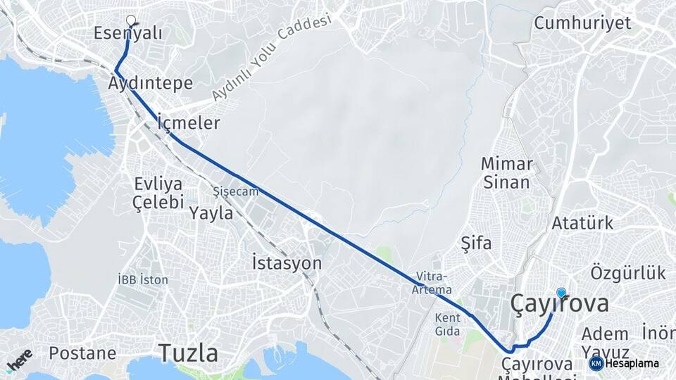 Kocaeli Çayırova Esenyalı Pendik İstanbul Arası Kaç Km - Yol Haritası