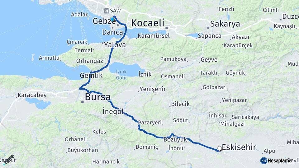 Kocaeli Çayırova Eskişehir Arası Kaç Km - Yol Haritası