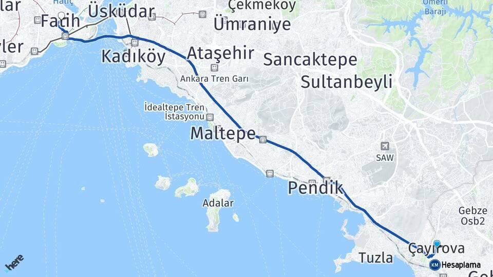 Kocaeli Çayırova Fatih İstanbul Arası Kaç Km - Yol Haritası