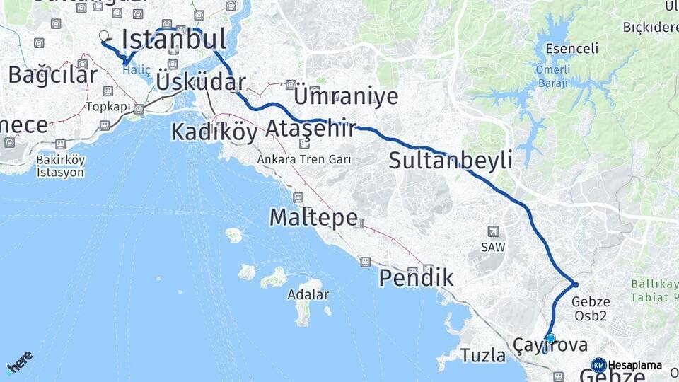 Kocaeli Çayırova Gaziosmanpaşa İstanbul Arası Kaç Km - Yol Haritası