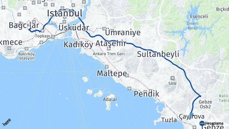 Kocaeli Çayırova Güngören İstanbul Arası Kaç Km - Yol Haritası