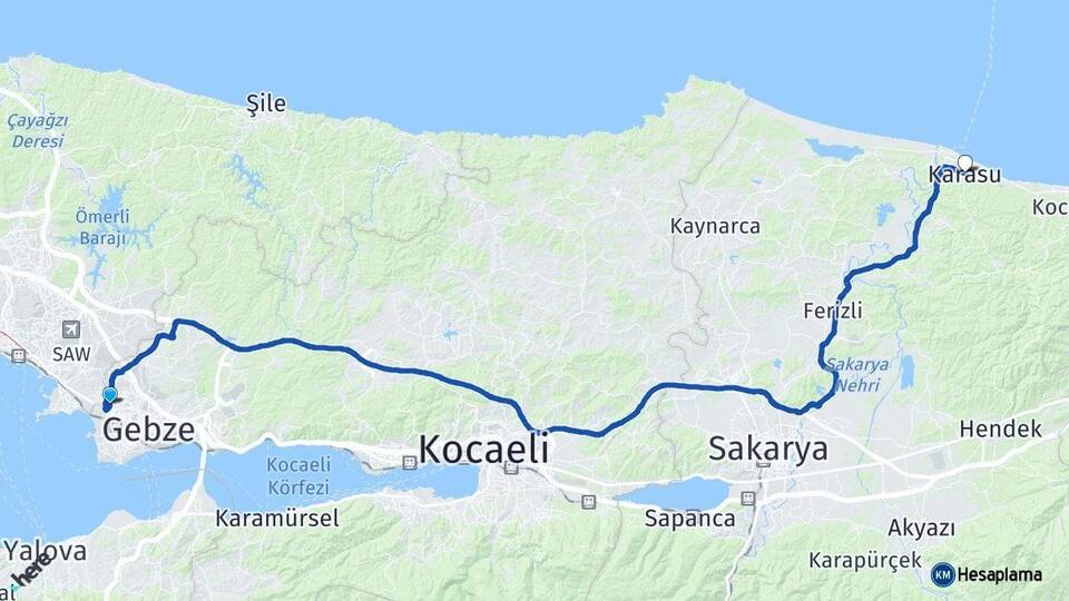 Kocaeli Çayırova Karasu Sakarya Arası Kaç Km - Yol Haritası