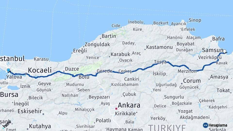 Kocaeli Çayırova Samsun Arası Kaç Km - Yol Haritası