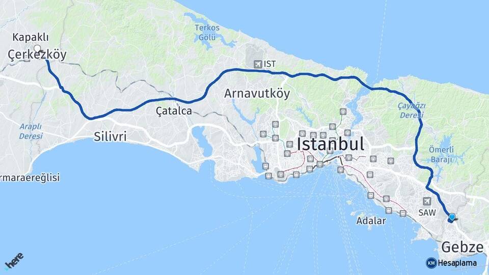 Kocaeli Çayırova Şekerpınar Çerkezköy Tekirdağ Arası Kaç Km - Yol Haritası