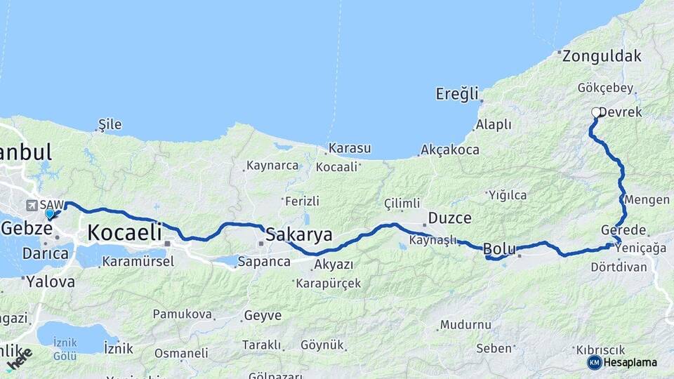 Kocaeli Çayırova Şekerpınar Devrek Zonguldak Arası Kaç Km - Yol Haritası