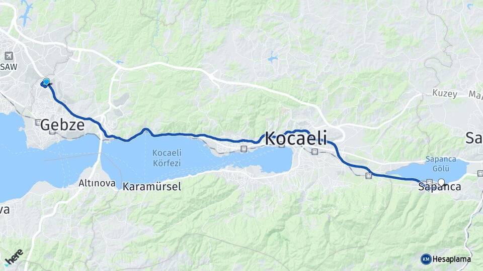 Kocaeli Çayırova Şekerpınar Sapanca Sakarya Arası Kaç Km - Yol Haritası