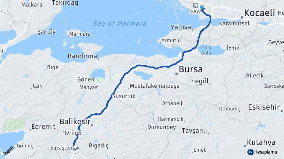 Kocaeli Çayırova Şekerpınar Savaştepe Balıkesir Arası Kaç Km - Yol Haritası