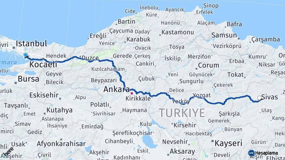Kocaeli Çayırova Sivas Arası Kaç Km - Yol Haritası