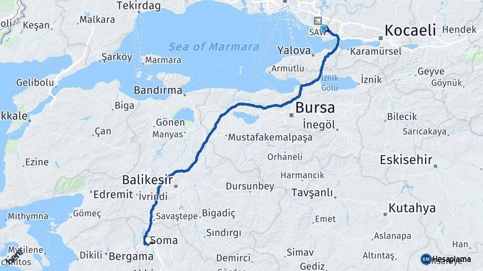 Kocaeli Çayırova Soma Manisa Arası Kaç Km - Yol Haritası