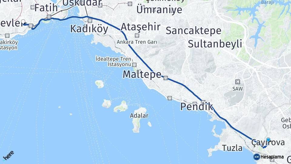 Kocaeli Çayırova Zeytinburnu İstanbul Arası Kaç Km - Yol Haritası