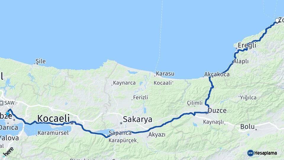 Kocaeli Çayırova Zonguldak Arası Kaç Km - Yol Haritası
