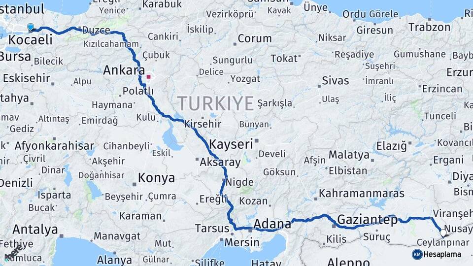 Kocaeli Ceylanpınar Şanlıurfa Arası Kaç Km - Yol Haritası