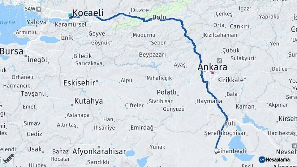 Kocaeli Cihanbeyli Konya Arası Kaç Km - Yol Haritası