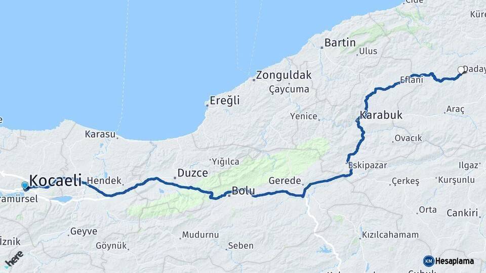 Kocaeli Daday Kastamonu Arası Kaç Km - Yol Haritası