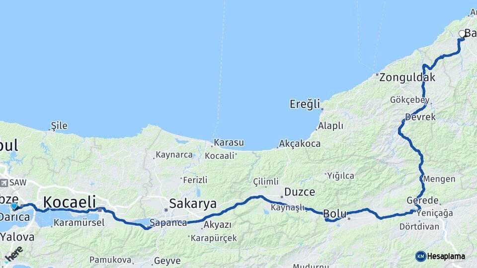Kocaeli Darıca Bartın Arası Kaç Km - Yol Haritası