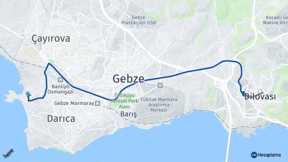 Kocaeli Darıca Bayramoğlu Dilovası Arası Kaç Km - Yol Haritası