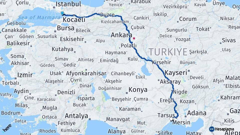 Kocaeli Darıca Mersin Arası Kaç Km - Yol Haritası