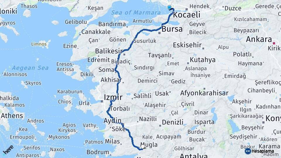 Kocaeli Darıca Muğla Arası Kaç Km - Yol Haritası