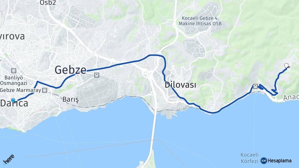 Kocaeli Darıca Yukarı Hereke Körfez Arası Kaç Km - Yol Haritası