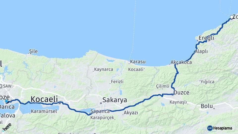 Kocaeli Darıca Zonguldak Arası Kaç Km - Yol Haritası
