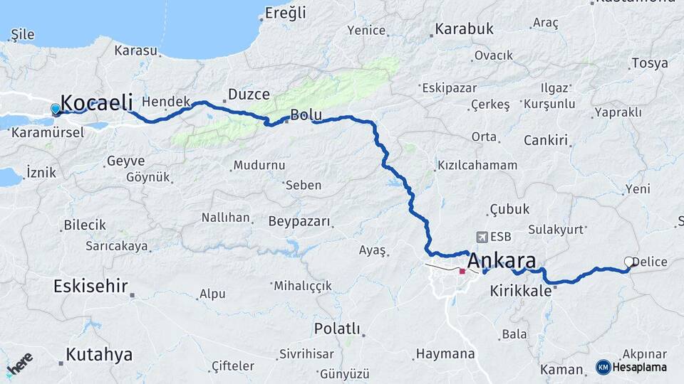 Kocaeli Delice Kırıkkale Arası Kaç Km - Yol Haritası