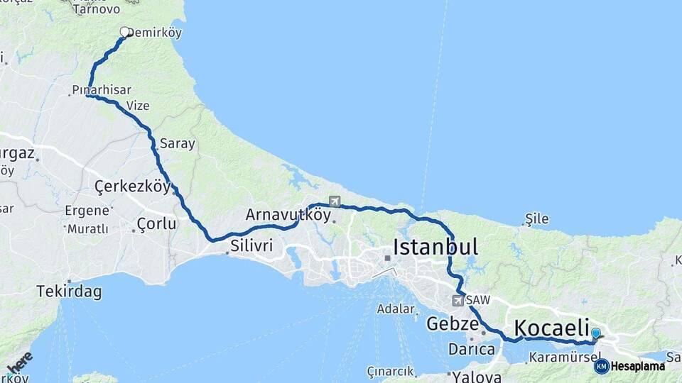 Kocaeli Demirköy Kırklareli Arası Kaç Km - Yol Haritası