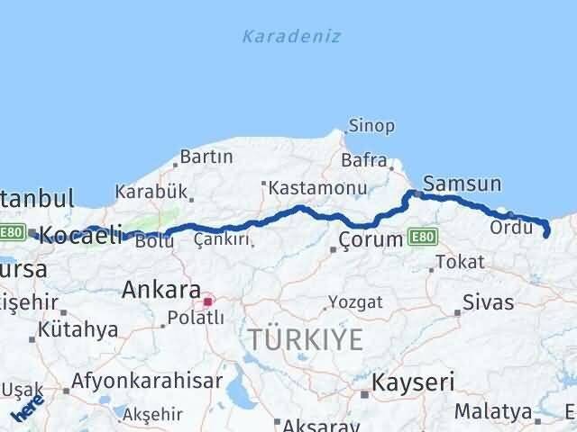 Kocaeli Dereli Giresun Arası Kaç Km - Yol Haritası