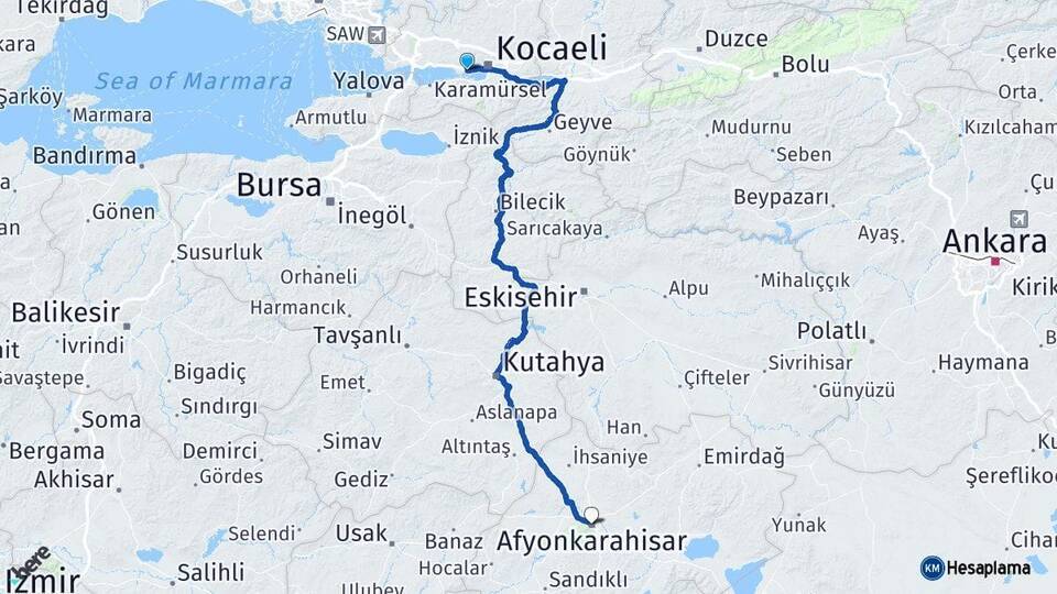 Kocaeli Derince Afyonkarahisar Arası Kaç Km - Yol Haritası