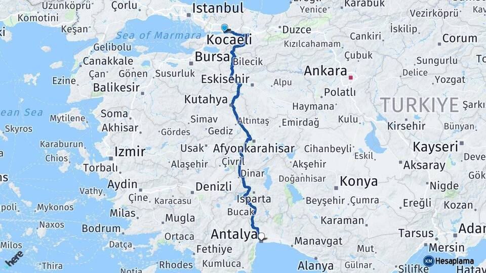 Kocaeli Derince Antalya Arası Kaç Km - Yol Haritası