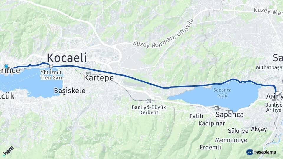 Kocaeli Derince Arifiye Sakarya Arası Kaç Km - Yol Haritası