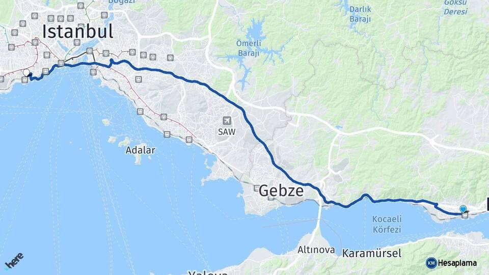 Kocaeli Derince Bakırköy İstanbul Arası Kaç Km - Yol Haritası