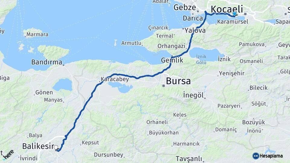 Kocaeli Derince Balıkesir Arası Kaç Km - Yol Haritası