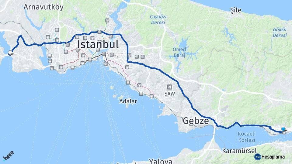 Kocaeli Derince Büyükçekmece İstanbul Arası Kaç Km - Yol Haritası