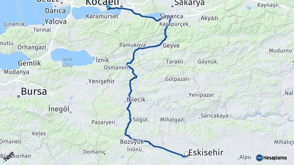 Kocaeli Derince Eskişehir Arası Kaç Km - Yol Haritası