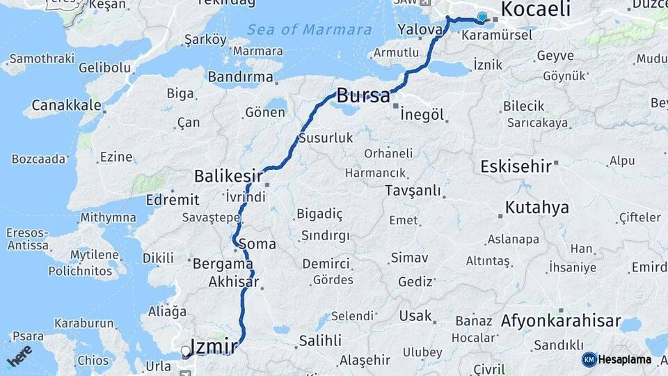 Kocaeli Derince İzmir Arası Kaç Km - Yol Haritası