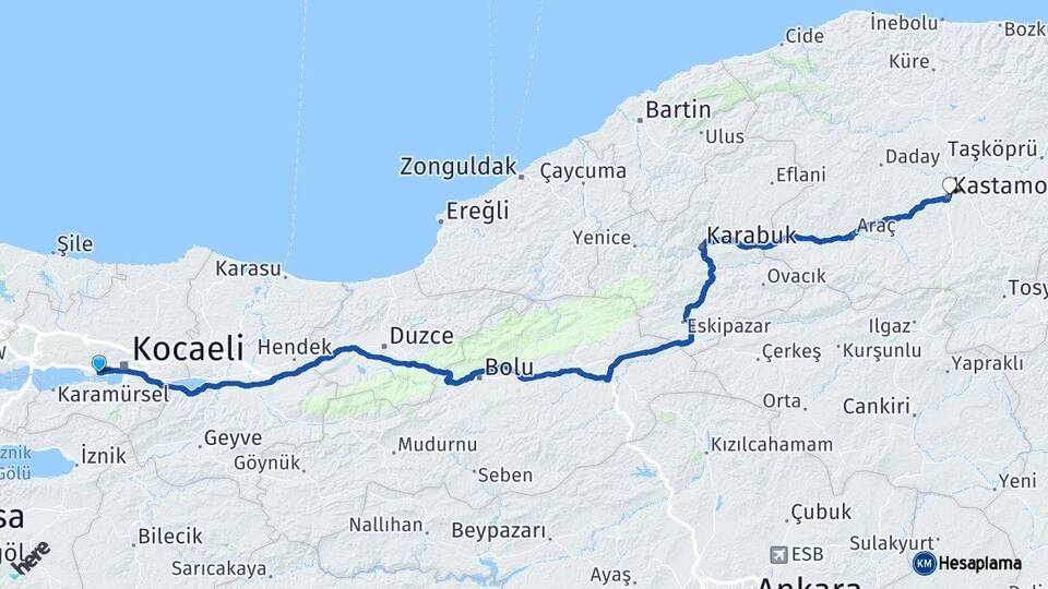 Kocaeli Derince Kastamonu Arası Kaç Km - Yol Haritası