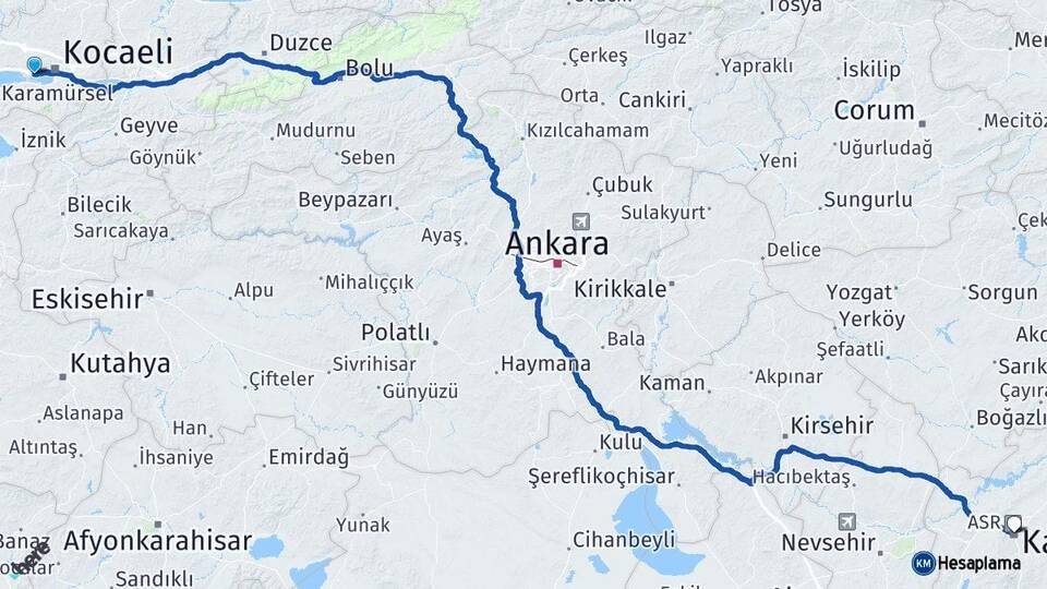 Kocaeli Derince Kayseri Arası Kaç Km - Yol Haritası