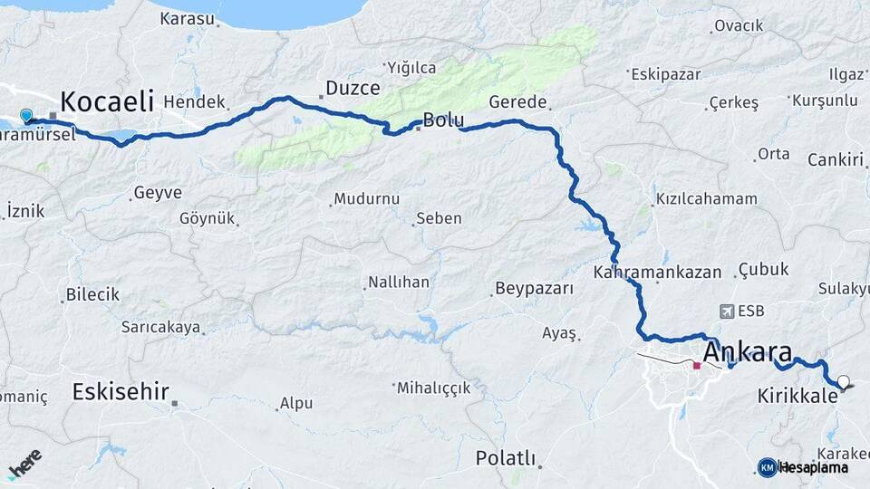 Kocaeli Derince Kırıkkale Arası Kaç Km - Yol Haritası